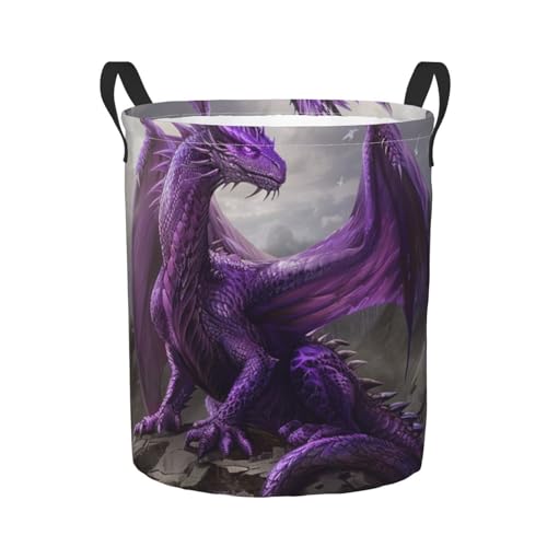 Image of Delerain Cool Purple Dragon Laundry Basket, Waterproof Laundry Hamper with Handles, Collapsible Toy Bins Dirty Clothes Round Storage Basket for Home Bathroom Office Nursery, 19.6X15.7(M)