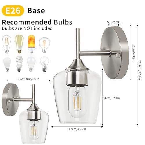 Image of foucasal Bathroom Light Fixtures 1-Light Brushed Nickel Bathroom Vanity Light with Clear Glass Shade, Modern Wall Lights for Bedroom Hallway Living Room (E26 Base)
