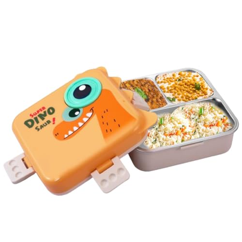 Image of Darkpyro Super Dinosaur Cartoon Kids Lunch Box with Compartments - Air Vent, Spoon, Sauce Container & Stainless Steel Tray - Yellow Dinosaur Design(1100ml+50ml