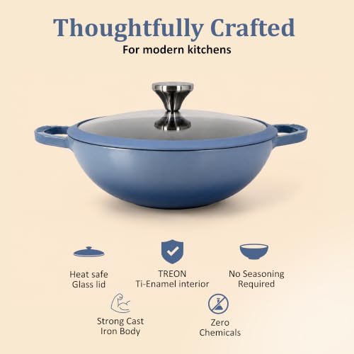 Image of Vinod Freya Cast Iron Deep Kadai with Glass Lid, 22 cm 1.9L | TREON Technology Enamel Kadhai for Frying, Sabzi, Curry & Cooking | No Seasoning Required | Induction & Gas Compatible | 100% Non-Toxic