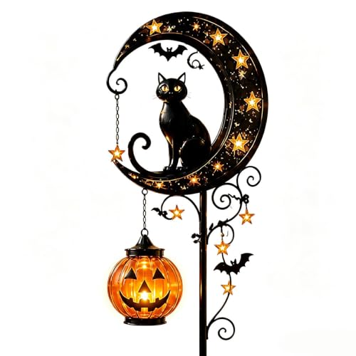 Solar Halloween Black Cat & Pumpkin Moon Garden Stake Light Solar Garden Decoration Outdoor Waterproof Metal Pumpkin Stake with Black Cat Lights for Patio Yard Lawn Pathway (Style-a)