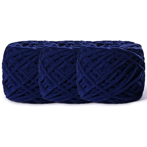 Image of 3 Pack Fluffy Chenille Chunky Yarn for Crocheting 100g(65.6yd) - Baby Yarn for Crocheting Soft - Velvet Yarns for Crochet Blanket - Amigurumi Crochet Yarns (3 Navy Blue)