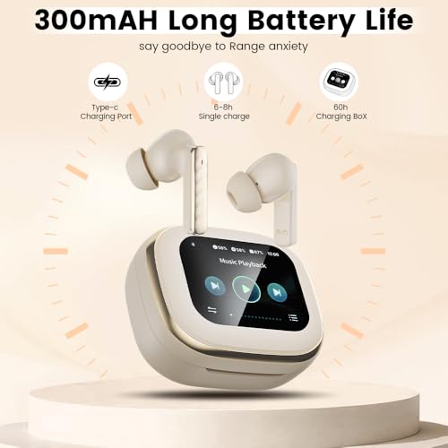 Image of Wireless Earbuds, Bluetooth 5.4 Headphones in Ear with Smart Touchscreen Case, ANC Noise Cancelling Ear Buds, 60H Playtime for Sports & Working, Bass Stereo Sound for iPhone /Android (Beige)