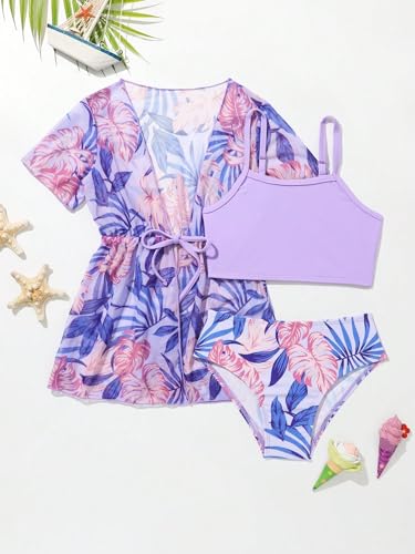 GORGLITTER Girl's 3 Piece Swimsuit Set Tropical Print Triangle Bikini Set with Kimono Cover Up3