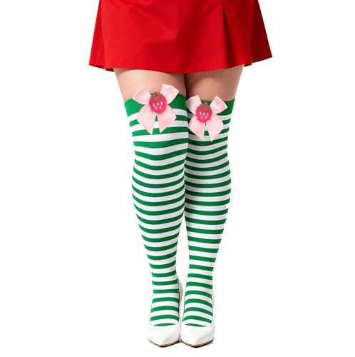 Voiiake Green and White Striped Socks for Strawberry Themed Costume Women, Nylon Over the Knee High Stockings with Pink Bow & Strawberry Accent for Cosplay, Halloween Costumes or Lolita Fashion
