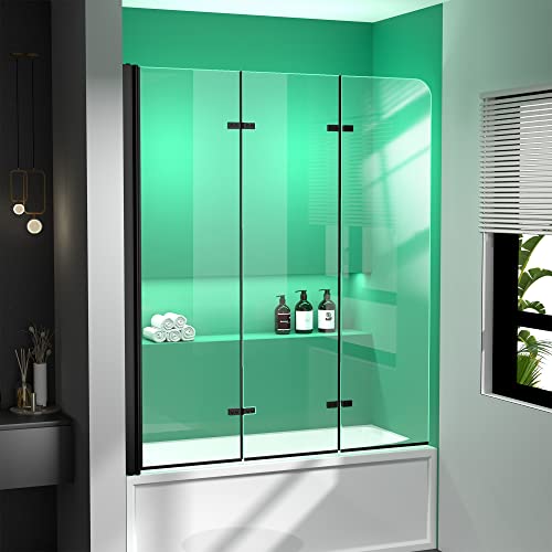 Getpro Tub Shower Door Frameless Foldable Hinged Bathtub Shower Door With Tempered Glass Matte Black Size 51.2"W X 59"H #TOP7