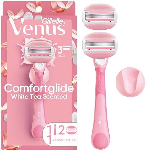 Gillette Venus ComfortGlide Razor for Women, White Tea Scented Gel Bars, Includes 1 Reusable Razor Handle + 2 3-Bladed Razor Refills, Women's Razor with Built-in Shave Gel Bars