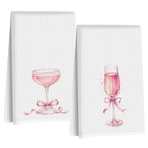Image of 2 Pcs Pink Bow Champagne Kitchen Towels, Coquette Pink Reusable Dish Towels | Waffle Weave Hand Cloth Tea Towel for Kitchen Bathroom Home Decor, Alcohol Lover Gifts for Women Mom Friend 24x14 Inch
