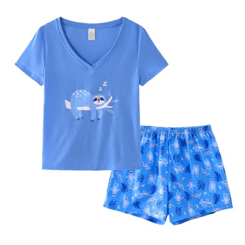 Image of YIJIU Women Short Sleeve Tee and Shorts Pajama Set Cute Alpaca Print Sleepwear
