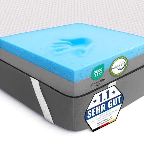MKS 2-in-1 Gel Topper – Gelschaum Topper 180x200cm mit H3 & H4, 5-Schichten-System, Druckentlastung, Mesh-Seiten & Elastikbändern – Ideal für Seiten-, Rücken- & Bauchschläfer