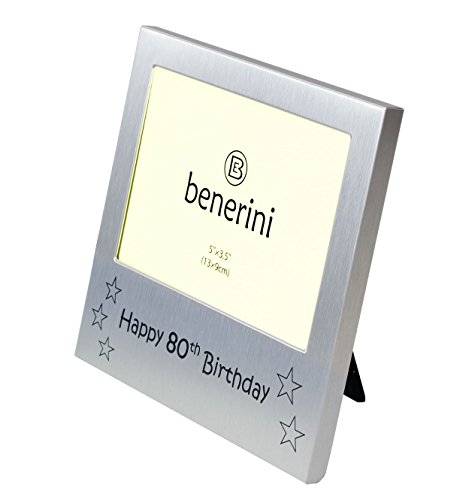 Benerini Happy 80Th Birthday - Photo Frame Gift - Photo Size 5 X 3.5 Inches (13 X 9 Cm) - Brushed Aluminum Satin Silver Color. #TOP2