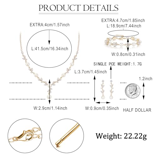Image of EVER FAITH Cubic Zirconia Pearl Leaf Bridal Jewelry Set for Bride Women