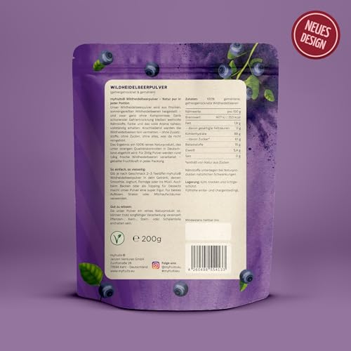 myfruits Wildheidelbeerpulver, gefriergetrocknete gemahlene Blaubeeren, 200g, zu 100% aus Wildheidelbeeren, Fruchtpulver für Smoothie, Shakes & Joghurt