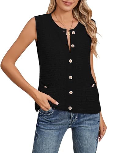 Pink Queen Women's Sweater Vest 2025 Sleeveless Knit Crewneck Button Down Tank Tops Fashion Casual Loose Cardigans