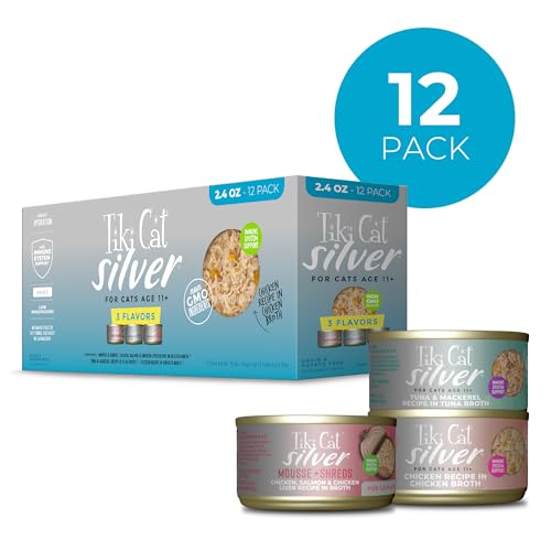 Tiki Cat Silver Variety Pack, Immune System Support Formulated for Older Cats Aged 11+, Senior Wet Cat Food, 2.4 oz. Can (12 Count)