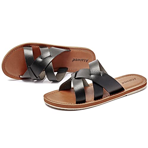 Ataiwee Women's Slide Sandals - Criss Cross Strappy Open Toe Vegan Leather Summer Shoes.(1908001-2,Bk/Pu,12) #TOP1