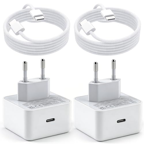 Rantuia 2er Pack 40W USB-C Schnellladegerät PD 3.0 EU Ladeadapter mit 2×1 8m Geflochtenem USB-C Ladekabel Kompaktes Reise Ladegerät für iPhone 16/15 Samsung S24/S23 iPad Weiß