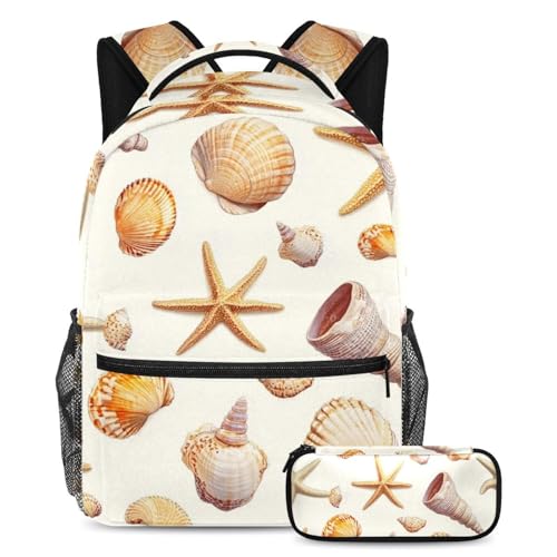 Sac à dos coquillages et étoiles de mer grand format 2 pièces pour la rentrée scolaire