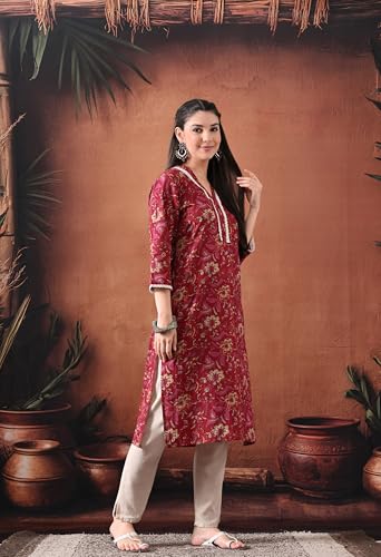 Image of Ichaa Women's Pure Cotton A-Line Ethnic V-Neck Kurta with 3 /4th Sleeve for Daily and Office Wear, in Plus Sizes