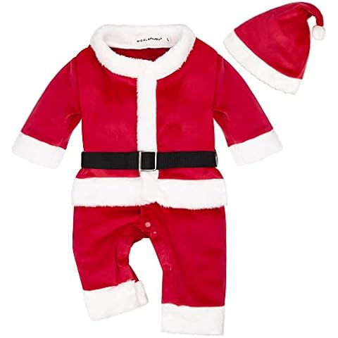 BIG ELEPHANT Unisex Baby 1 Piece Warm Christmas Long Sleeve Romper Pajama with Hat (Red, 0-3 Months) Cover