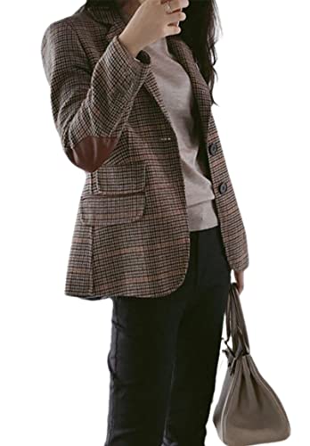 Ebossy Womens Vintage Nothced Lapel Single Breasted Boyfriend Blazer Suits Houndstooth Plaid Jacket Coat With Patched Elbow (Large,Khaki-A) #TOP3