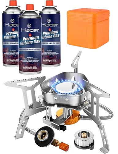 Image of Hacer Portable Camping Gas Stove with Piezo Ignition & Storage Box with Butane Gas Stainless Steel Folding Burner for BBQ Hiking Trekking Traveling and Emergency Use (1 Stove + 3 Butane)