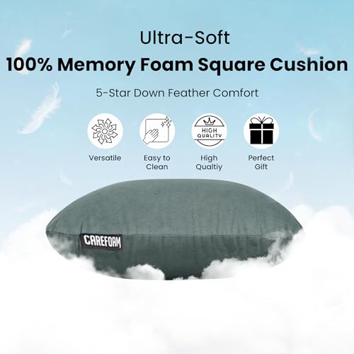 Image of CareFoam Memory Foam Square Cushion for Car, Sofa /Diwan, Bed, Chair & Decoration | Highly Durable, Hypoallergenic | 14 inchx 14 inch x 4 inch | Velvet Cover | Green, Pack of 2