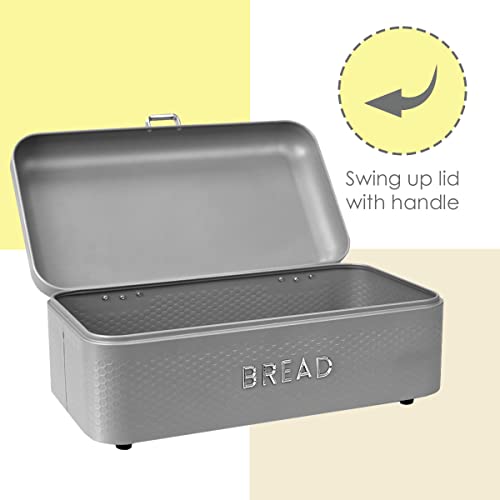 Home Basics Soho Bread Box For Kitchen Countertop, Metal, (Grey), Vented With Hinge Top | Large Bread Box | Keeps Loaves, Bagels, Croissants Fresh #TOP2