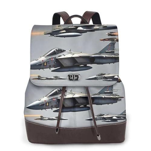 Sac à dos en cuir noir imprimé avions de chasse, le compagnon idéal de votre campus au voyage