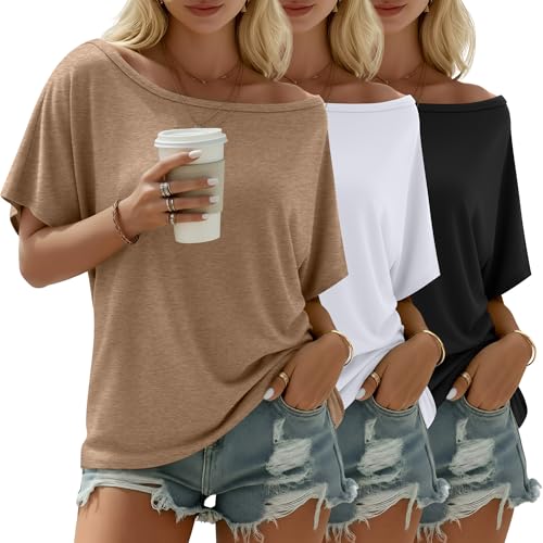 Riyiper 3 Pack Womens Off The Shoulder Shirts Loose Fit Flowy Tops Short Sleeve Casual Summer Oversized Tshirt Workout Tunic(Black Khaki White Large)