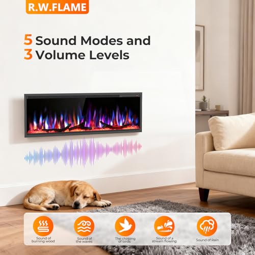 Image of R.W.FLAME 50 inch Recessed and Wall Mounted Smart Electric Fireplace, Alexa /WiFi Enabled, APP Control with Multiple Sound Modes, Adjustable Flame Colors and Speed, Available with Log & Crystal Options