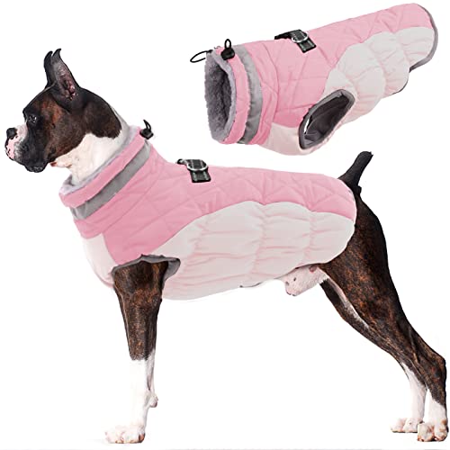 Lelepet Dog Coat Warm Dog Winter Coat Waterproof Dogs Jacket with Harness Built in Reflective Pet Fleece Vest Zip-Up Cold Weather Coats for Large Dogs Turtleneck & Windproof Coats Boxer Pink