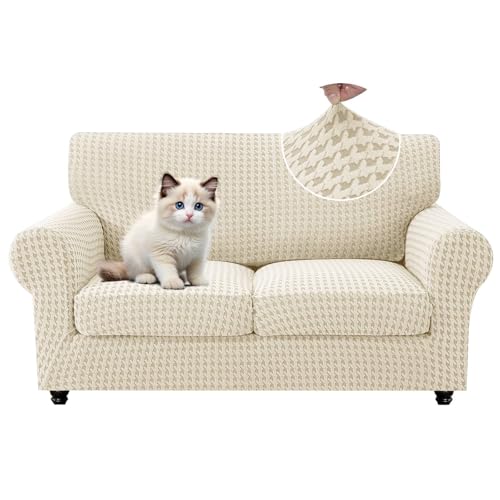 MAXIJIN 3 Pieces Stretch Sofa Covers for 2 Cushion Couch Loveseat Cover for Dogs Washable Love Seat Sofa Slipcovers Thick Soft Furniture Protector with Non Slip Strap (Beige, 55"-69") by MAXIJIN - Used condition - US$34.88
