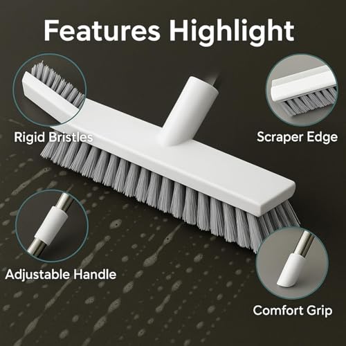 Image of Delamu Cord Cover 3 in 1 Stainless Steel Bathroom Cleaning Brush with Wiper & Long Handle, White Scrubbing Brush for Tiles, Floor, Wall