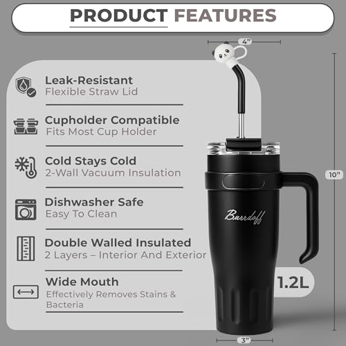 Image of Insulated Tumbler with Straw Lid and Handle (1200 ML) Double Wall Sipper Water Bottle for Adults, Tumbler Bottle with Straw (Black, 1200 ML, with Panda Straw Coverr)
