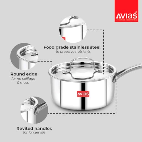 Image of Avias Riara Triply Saucepan with Lid | 5 Years Warranty | 14cm Stainless Steel Sauce Pan, Triply Tea Pan, Steel Casted Handles, 2.5 Mm Thickness, Induction Base Sauce Pan, 1.10 Litre, 14cm