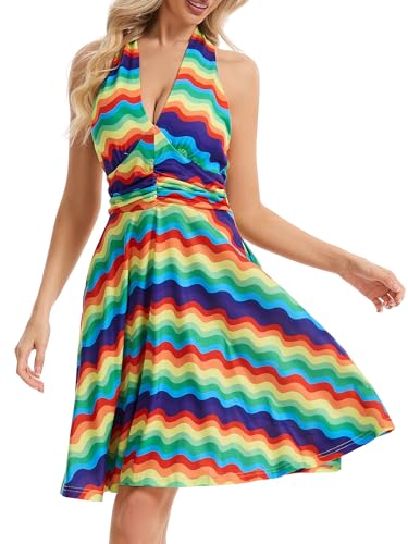 Image of Women's Summer Sundress- 2025 Sexy Halter Sleeveless Spring Boho Elastic Waist Ruffle Mini Dress