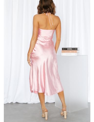 Image of VUBIYA Women's Summer Satin Strapless Slit Halter Midi Dress Wedding Guest