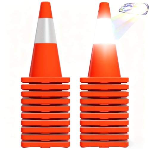 Traffic Cones 18 Inch, 20 Pack Orange PVC Safety Cones with Reflective Strips and Weighted Red Base, Stackable Parking Cones for Driveway, Construction, School, Event Use