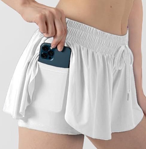 Short feminino atlético rodado com forro 2 em 1 bolsos borboleta para corrida, esportes, fitness, tê