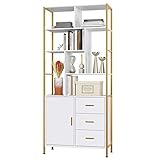 finetones Gold Bookshelf with 3 Drawers, 71.2” Tall Bookshelf White and Gold Bookshelf with Sturdy Metal Frame, Gold Shelf Etagere Standard Book Shelf Display Shelf for Home Office