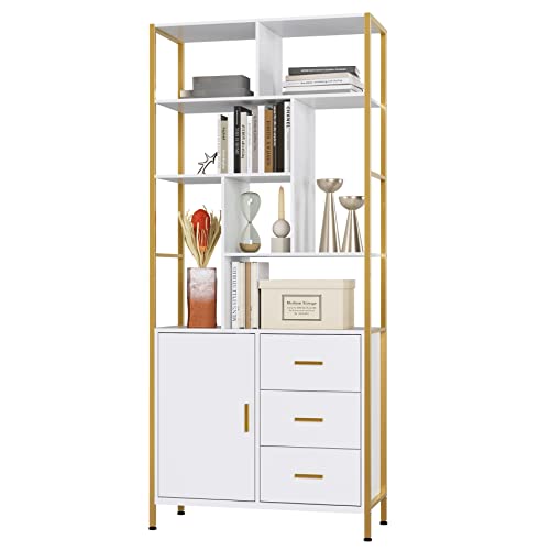 finetones Gold Bookshelf with 3 Drawers, 71.2” Tall Bookshelf White and Gold Bookshelf with Sturdy Metal Frame, Gold Shelf Etagere Standard Book Shelf Display Shelf for Home Office