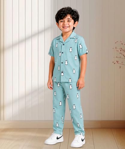 Image of 3BROS Unisex Pure Cotton Short Sleeve Kids Night Dress for Boys & Girls Nightwear /Sleepsuit /Sleepwear /Loungewear Night Suit for Boys and Girls Top and Pyjama Combo Set