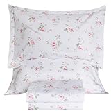 Lady Ann 100% Cotton Floral Queen Sheets Set Deep Pockets, Shabby Vintage Chic Printed Bed Sheets Rose Flower Pattern Cotton Bedding Sheets 4Pcs Extra Soft and Breathable Botanical Sheets