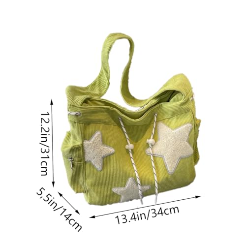 Image of Y2K Star Hobo Bag for Women - Corduroy Drawstring Crossbody Bag, Aesthetic Travel Shoulder Tote (Green)