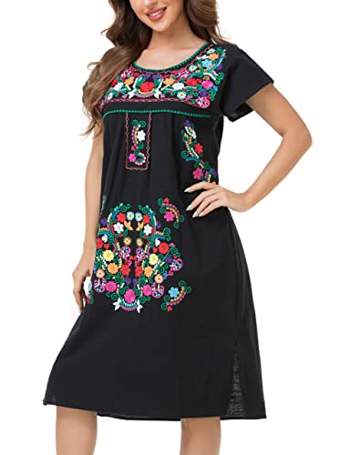 Image of YZXDORWJ Women Mexican Embroidered Long Dress Ruffle Collar Maxi Boho Floral Summer Short Sleeve