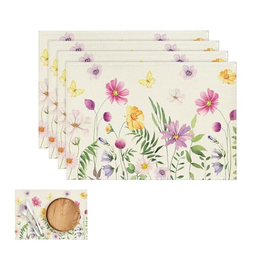 Juego de 4 manteles individuales de flores y mariposas, 30 x 45 cm, para cocina, decoración de vacaciones, manteles individuales lavables de algodón y lino, manteles individuales de tela para cocina