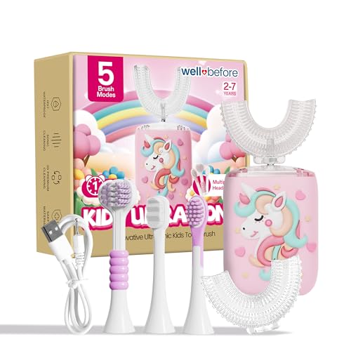 Well Before Kids U Shaped Electric Toothbrush with 5 Brush Heads Ultrasonic 5 Modes IPX7 Waterproof Design (Unicorn Pink Ages 2-7)