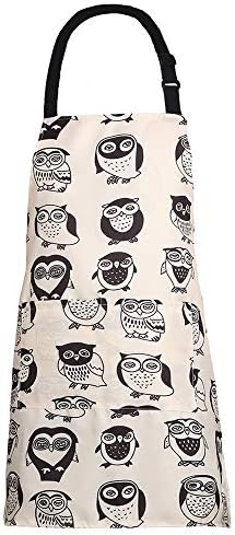 MissOwl Adjustable Bib Apron Extra Long Ties with Pockets Home Kitchen Cooking Baking Gardening Apron for Women Men Owl