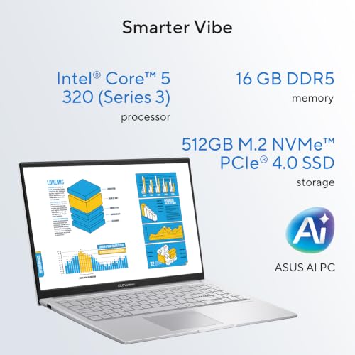Image of ASUS Vivobook 15 (2026),Intel Core 5 320 (i5-14th Gen),Fingerprint Sensor,Intel iGPU,16GB /512GB,FHD,15.6 inch(39.6 cm),Windows 11,M365 Basic(1Y),Office 24,Cool Silver,1.7 Kg,X1504MA-BQ125WS, AI Laptop